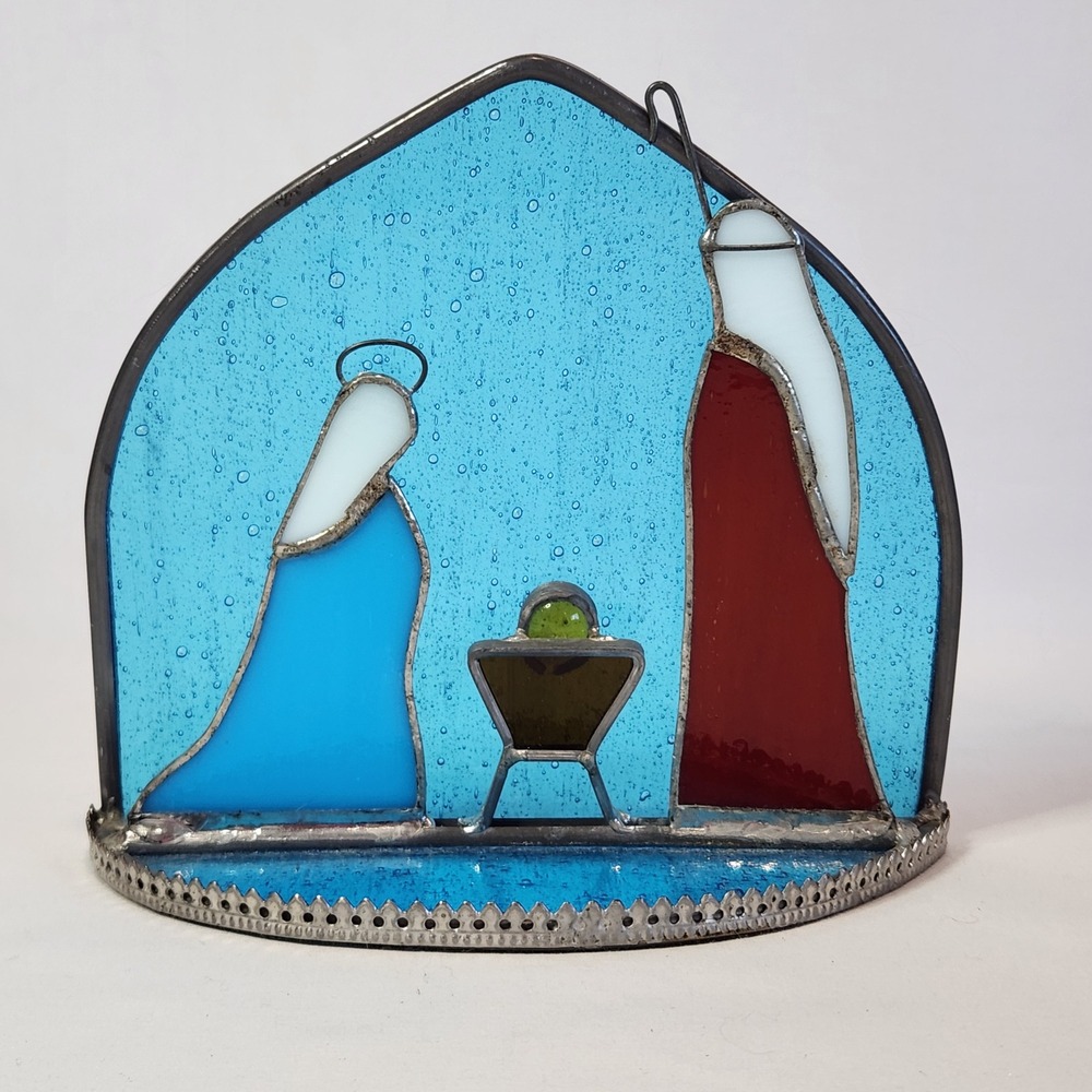 Stained Glass‎ Nativity Scene Blue Seeded Glass Holy Family Christmas
